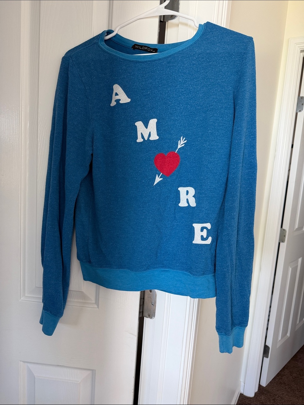 Wildfox Teal Blue 'AMORE' Arrow Heart Pullover Sweater